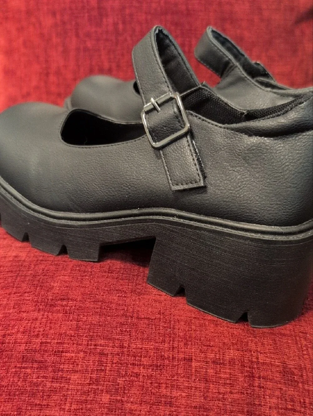 THems Black Chunky Mary Jane Platform Heels with Buckle
